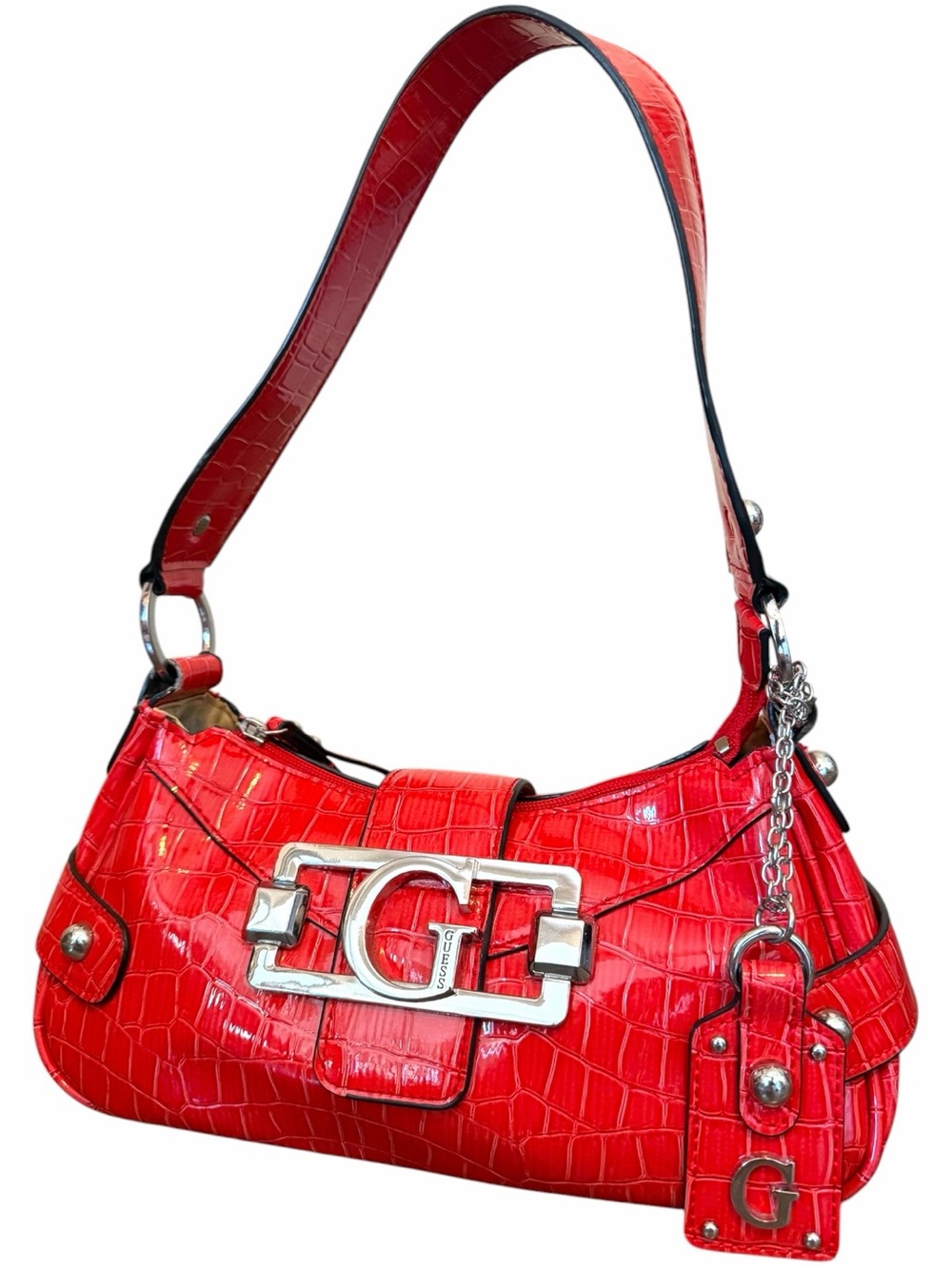 Y2K Vintage Guess Red Patent Vegan Leather Crocodile Embossed Shoulder Bag